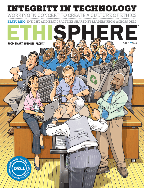 A conductor directs a chorus of employees in a cartoon cover for the "Integrity in Technology" publication