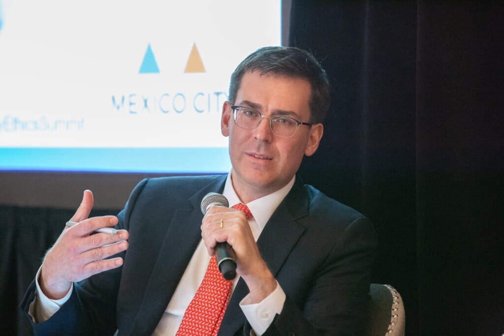 Koukios James Koukios speaking on a panel at the Mexico City Ethics Summit in May 2019