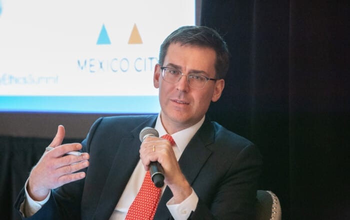 James Koukios speaking on a panel at the Mexico City Ethics Summit in May 2019