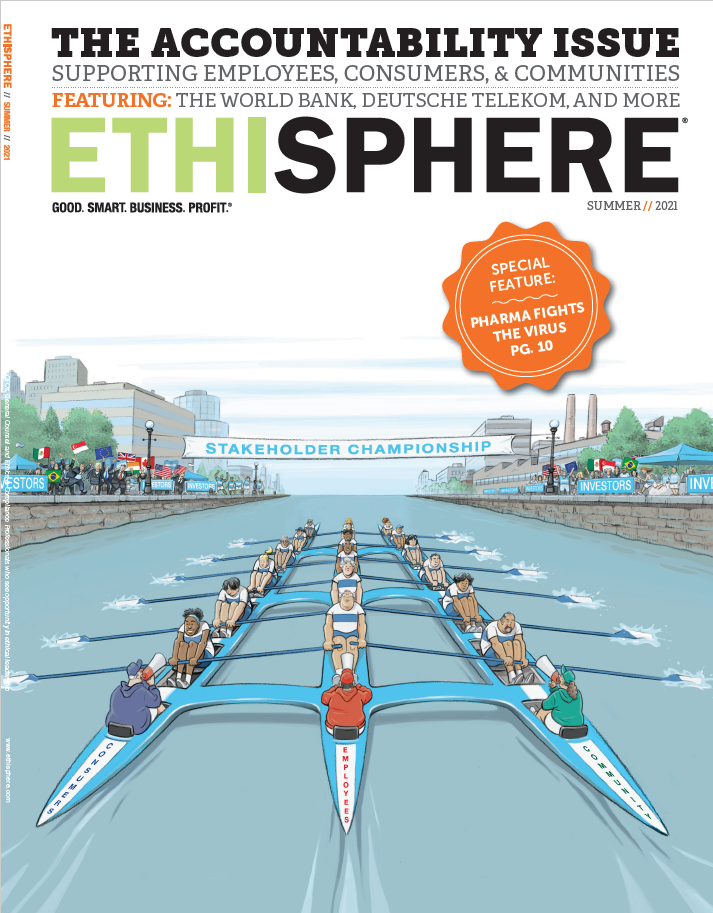 Cover of the Summer 2021 "Accountability Issue" of Ethisphere Magazine. On it, three crew boats labeled "Consumers, Employees and Community" are rowing towards a finish line that says "Stakeholder Championship." From the sidelines, investors waving many national flags cheer.